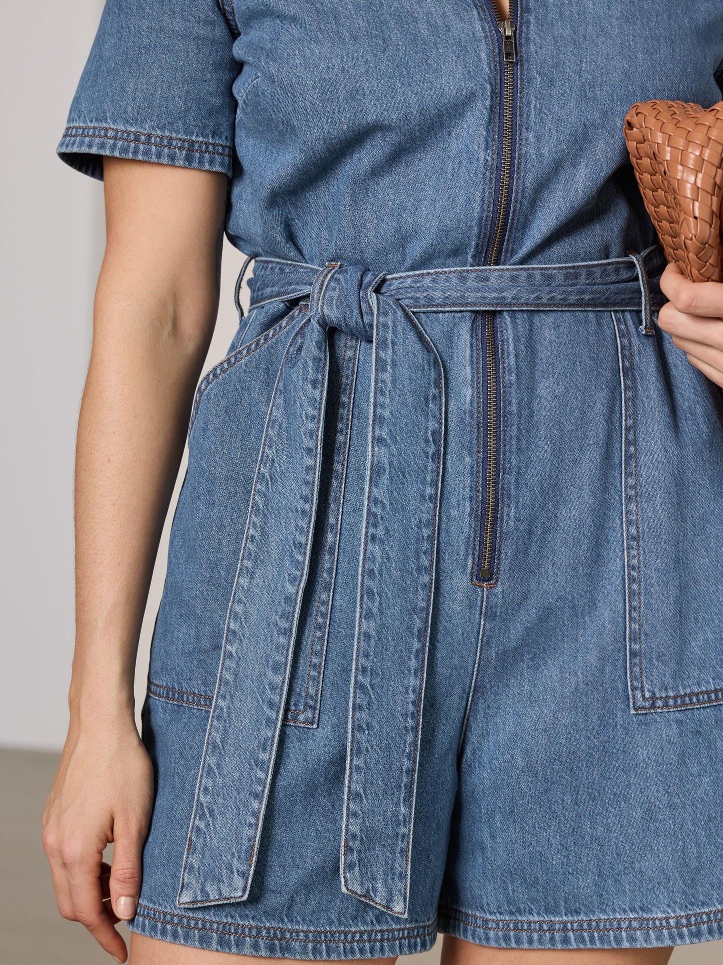 Short-Sleeve Denim Mini Dress Romper