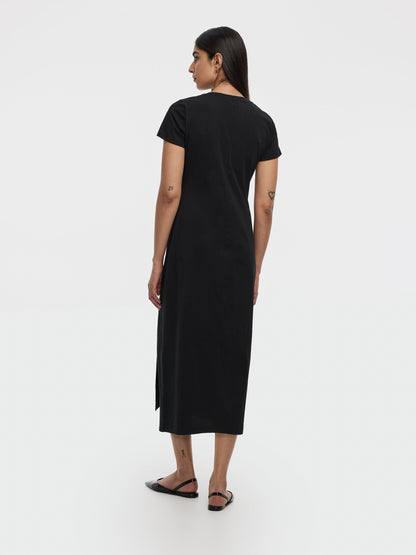 Short-Sleeve Bodycon Midi Dress with Side Shirring