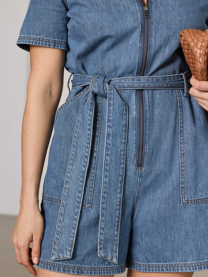 Short-Sleeve Denim Mini Dress Romper