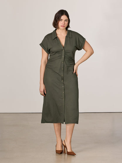 Short-Sleeve Buttoned-Down Bodycon Dress with Shirt Collar