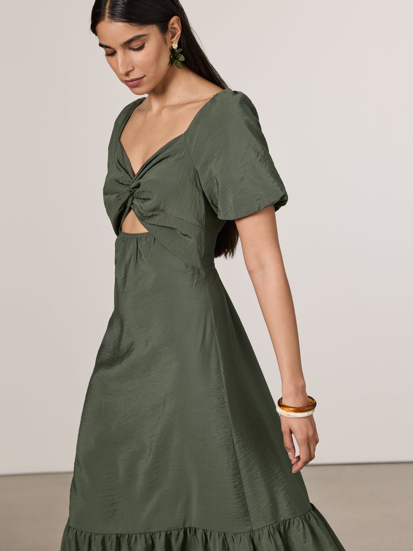 Short-Puffy-Sleeve Tiered Maxi Dress