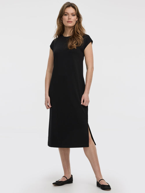 Extended-Sleeve Crew-Neck Midi Dress