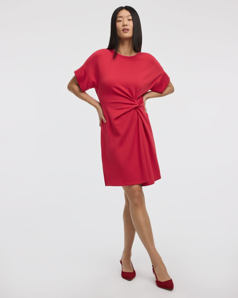 Short-Sleeve Fitted Dress with Knot Detail