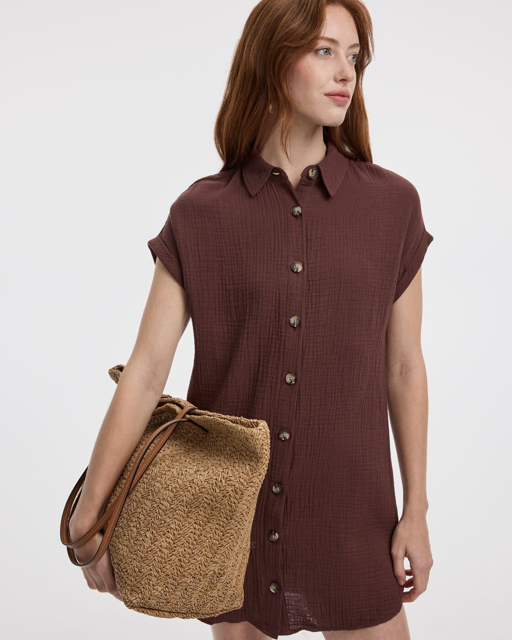 Short-Sleeve Buttoned-Down Dress with Shirt Collar