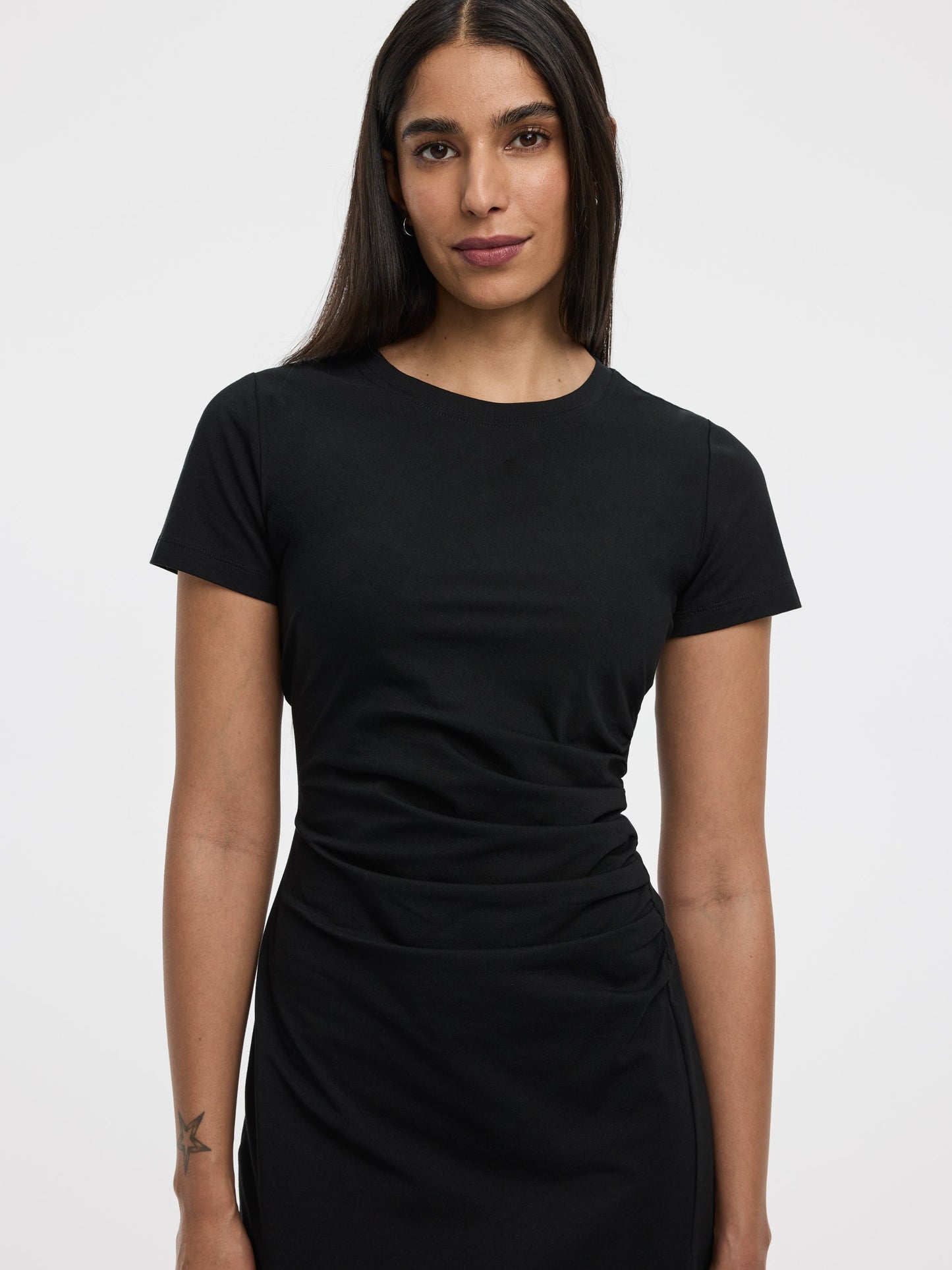 Short-Sleeve Bodycon Midi Dress with Side Shirring