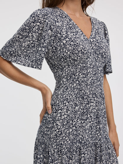 Short-Flutter-Sleeve V-Neck Tiered Midi Dress