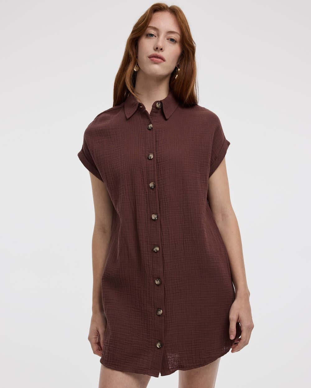 Short-Sleeve Buttoned-Down Dress with Shirt Collar