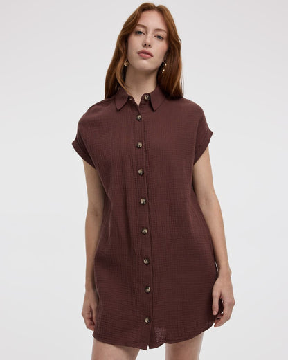 Short-Sleeve Buttoned-Down Dress with Shirt Collar