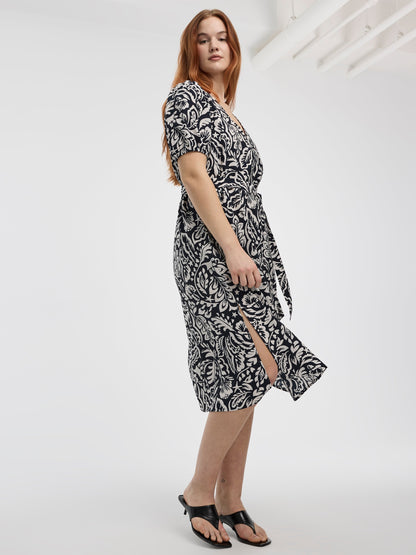 Short-Puffy-Sleeve V-Neck Midi Dress