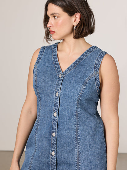 Sleeveless Buttoned-Down Denim Mini Dress