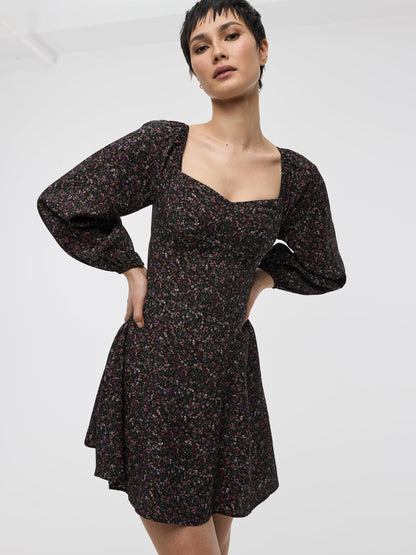 Long-Puffy-Sleeve Bustier Mini Dress with Sweetheart Neckline